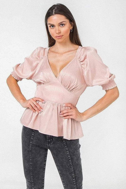 Beige 3/4 Sleeve V-Neck Satin Top - Shopping Therapy, LLC Top
