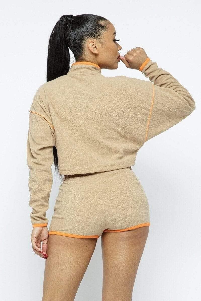 Beige Long Sleeve Crop Top And Shorts Set - Shopping Therapy, LLC Short Set