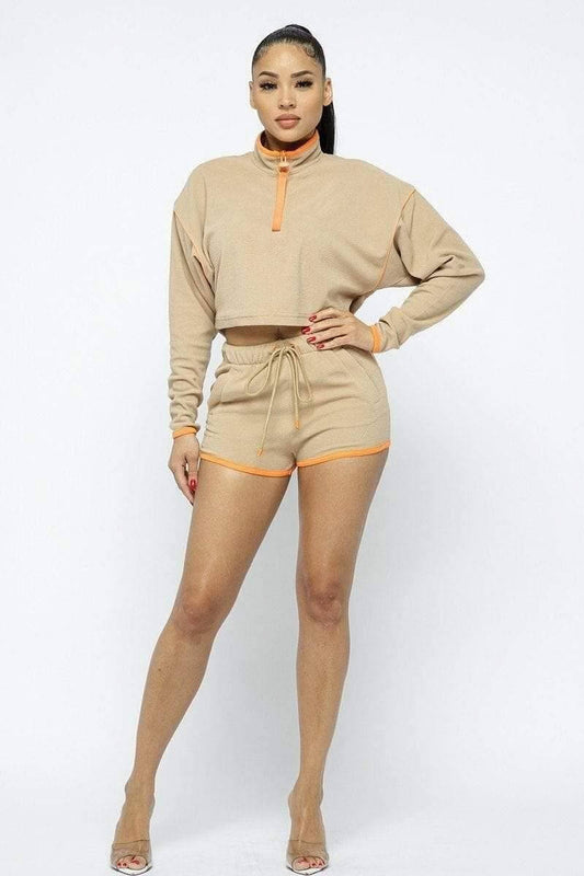 Beige Long Sleeve Crop Top And Shorts Set - Shopping Therapy, LLC Short Set