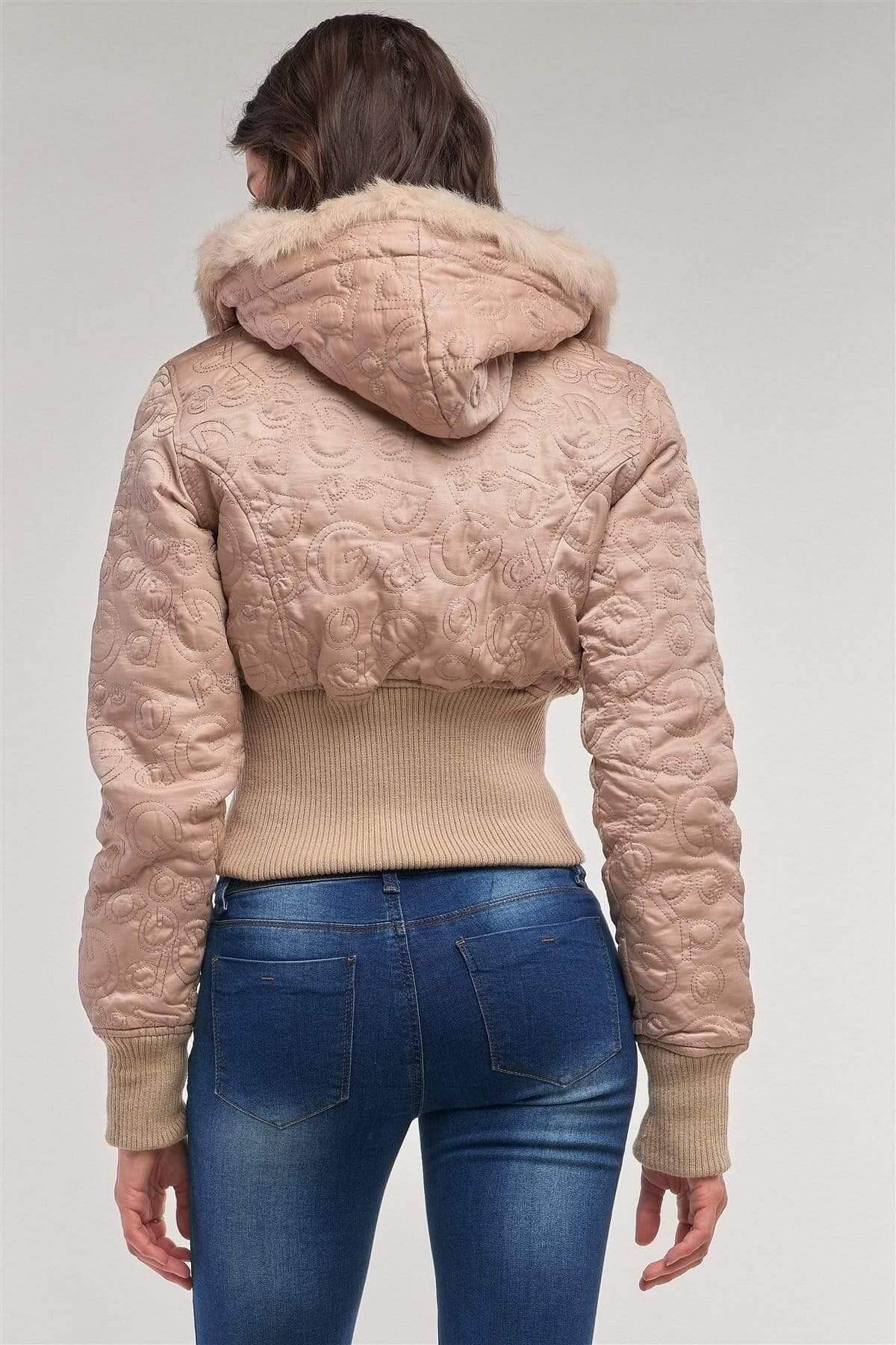 Beige Long Sleeve Faux Fur Winter Bomber Jacket - Shopping Therapy, LLC Jacket