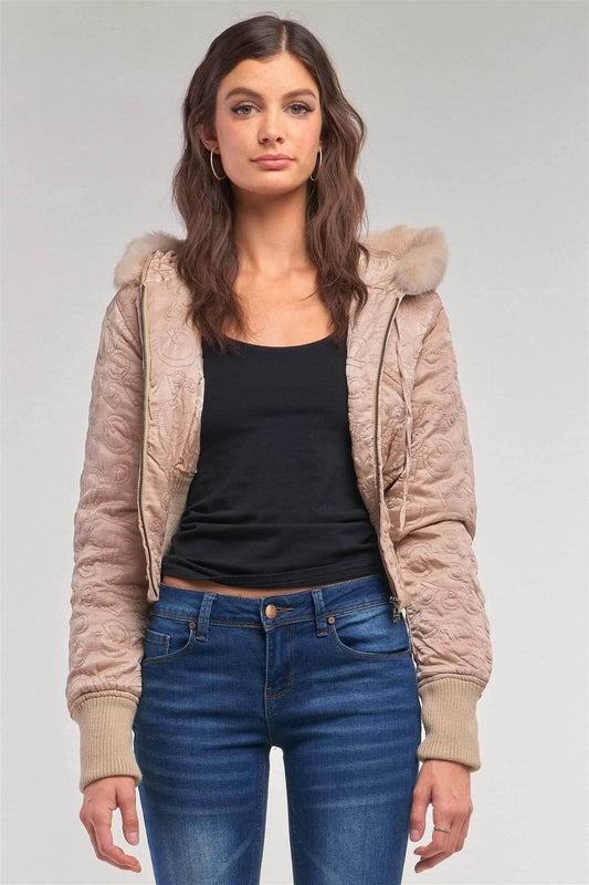 Beige Long Sleeve Faux Fur Winter Bomber Jacket - Shopping Therapy, LLC Jacket