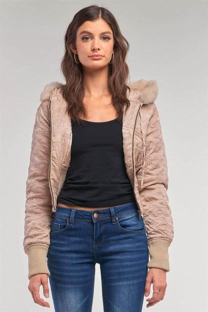 Beige Long Sleeve Faux Fur Winter Bomber Jacket - Shopping Therapy, LLC Jacket