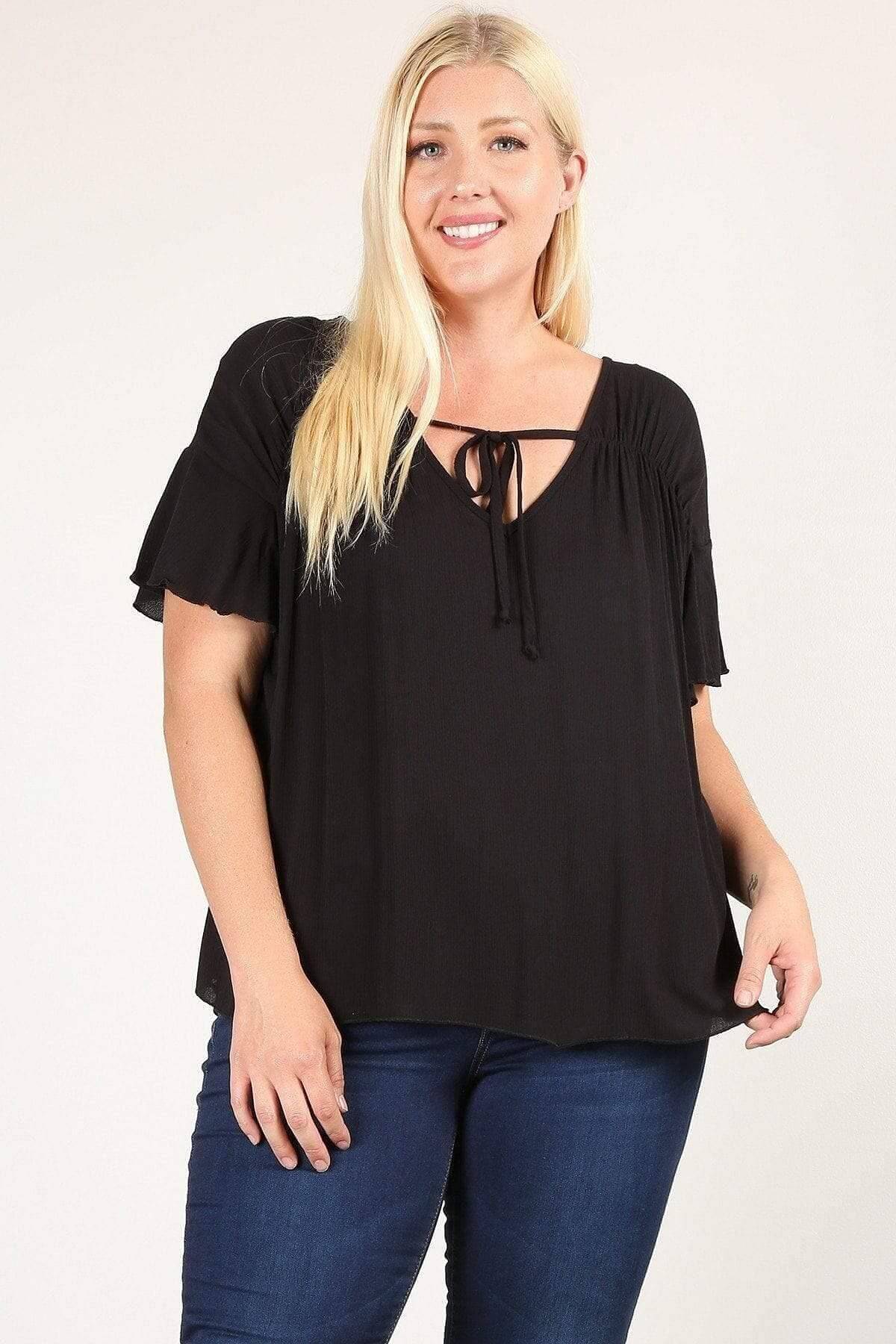 Black 3/4 Ruched Sleeve Plus Top - Shopping Therapy Top