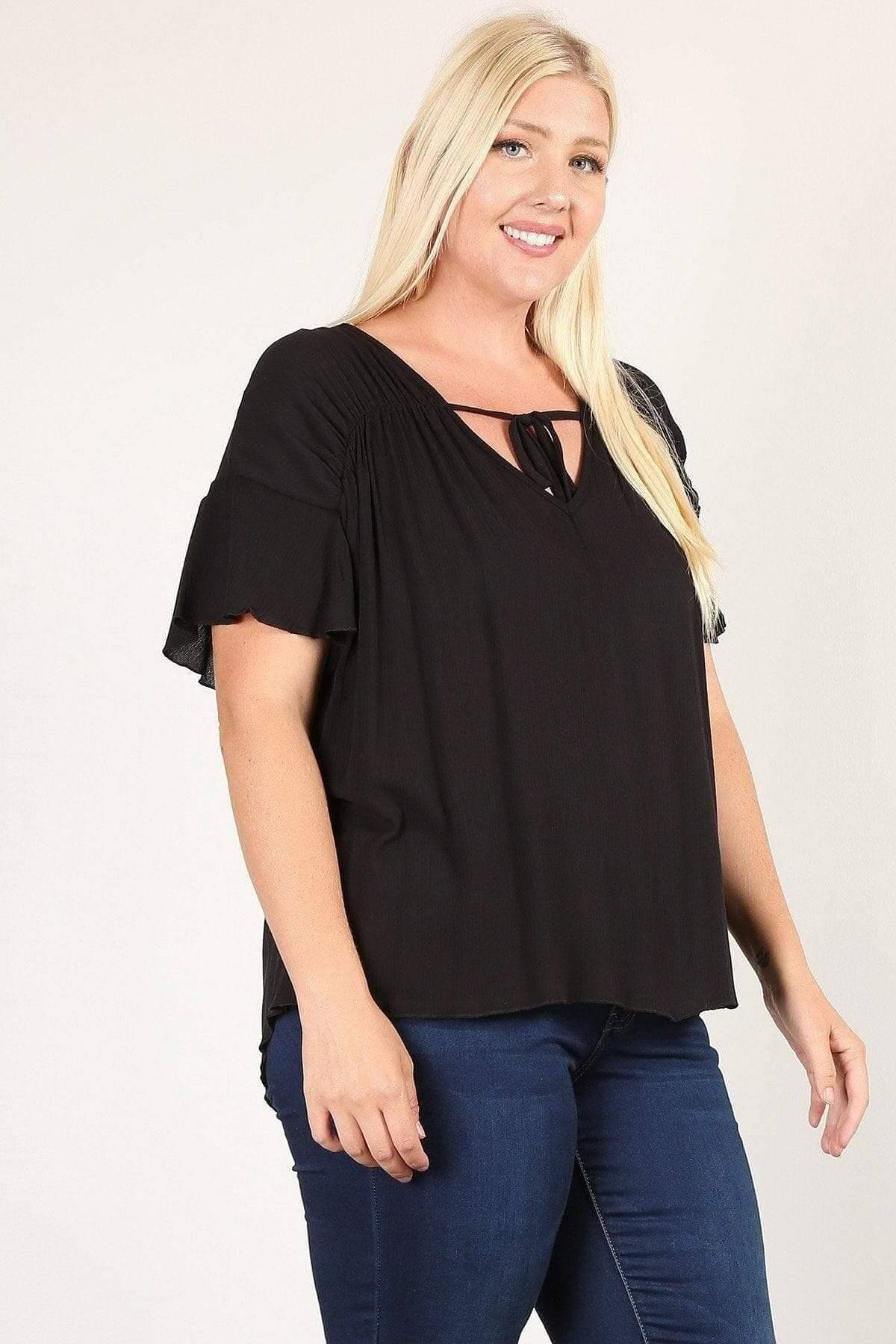 Black 3/4 Ruched Sleeve Plus Top - Shopping Therapy 3XL Top