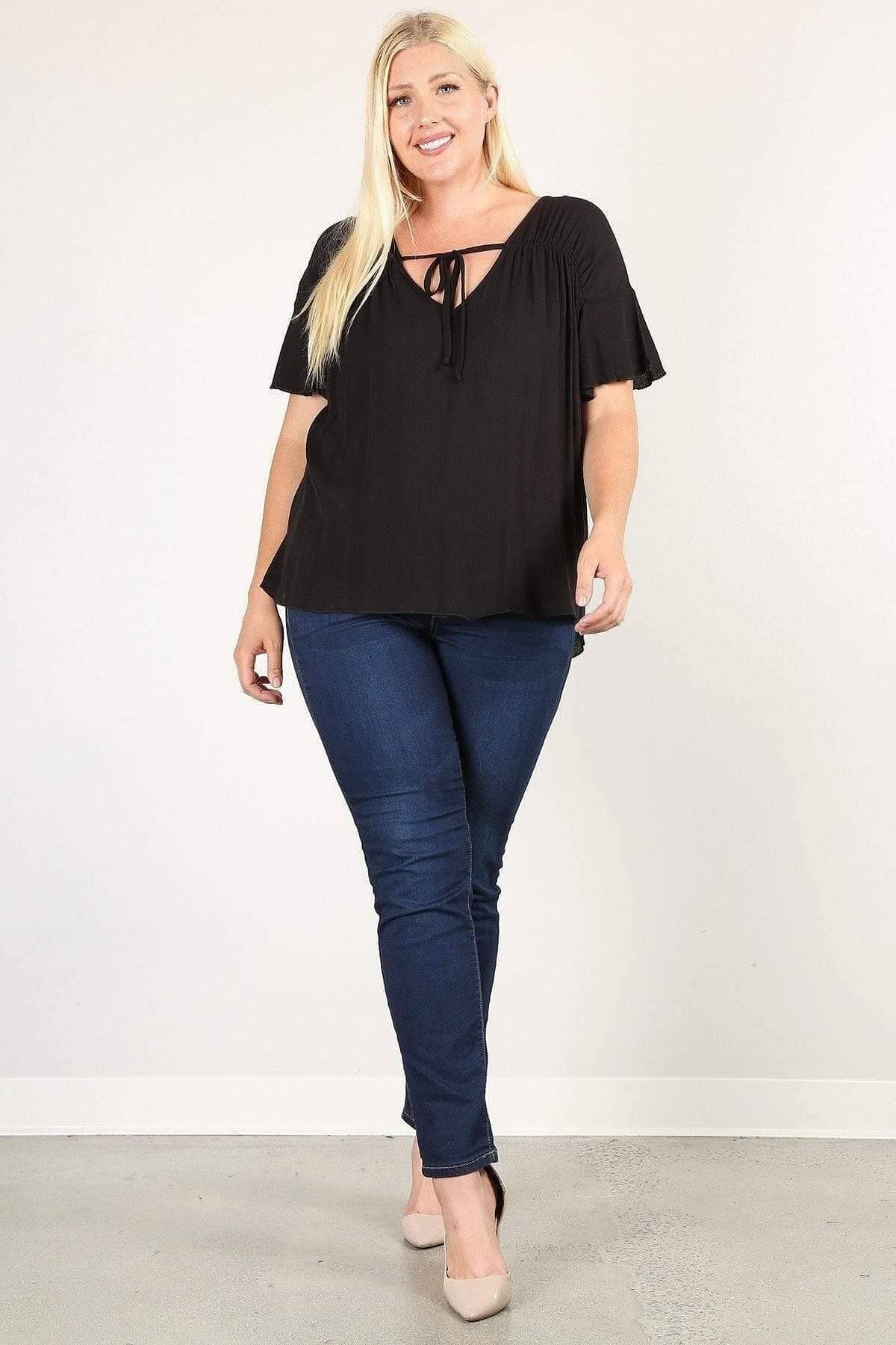 Black 3/4 Ruched Sleeve Plus Top - Shopping Therapy 1XL Top