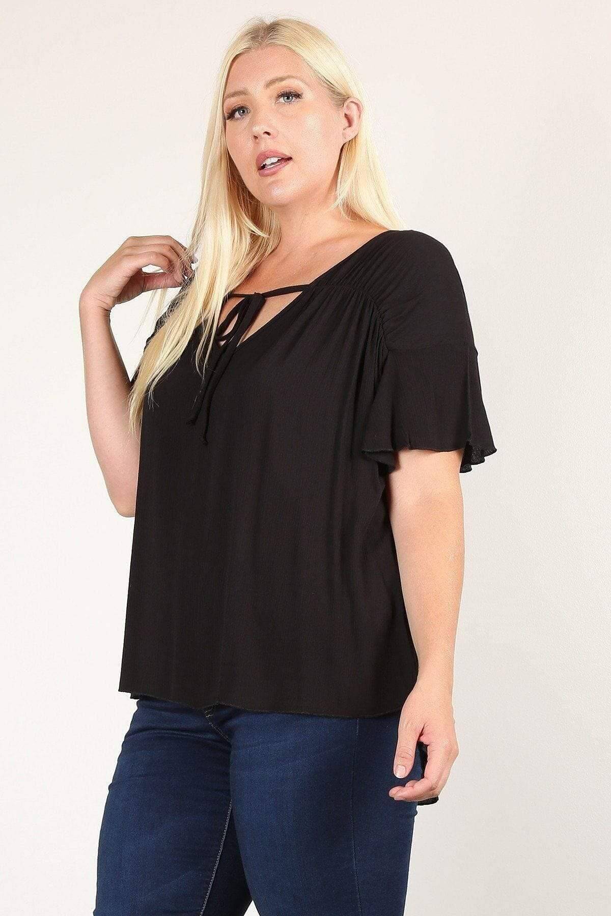 Black 3/4 Ruched Sleeve Plus Top - Shopping Therapy 2XL Top