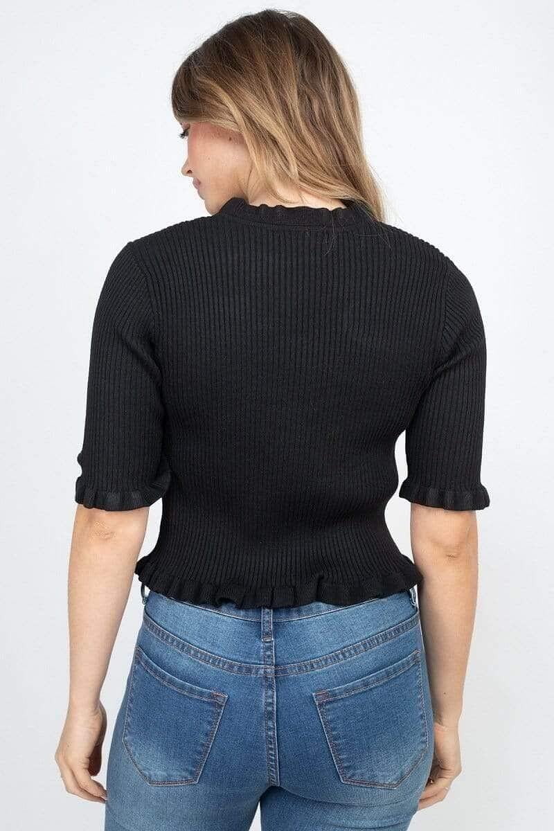Black 3/4 Sleeve V-Neck Crop Top-Black - Shopping Therapy