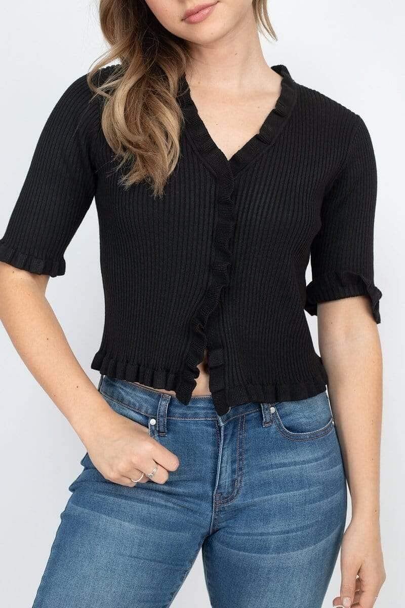 Black 3/4 Sleeve V-Neck Crop Top-Black - Shopping Therapy L