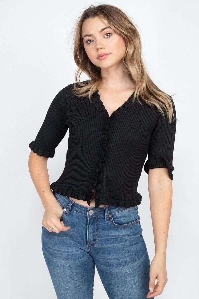 Black 3/4 Sleeve V-Neck Crop Top-Black - Shopping Therapy, LLC 