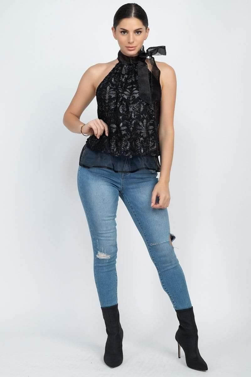 Black Halter Neck Sleeveless Lace Top - Shopping Therapy, LLC Top