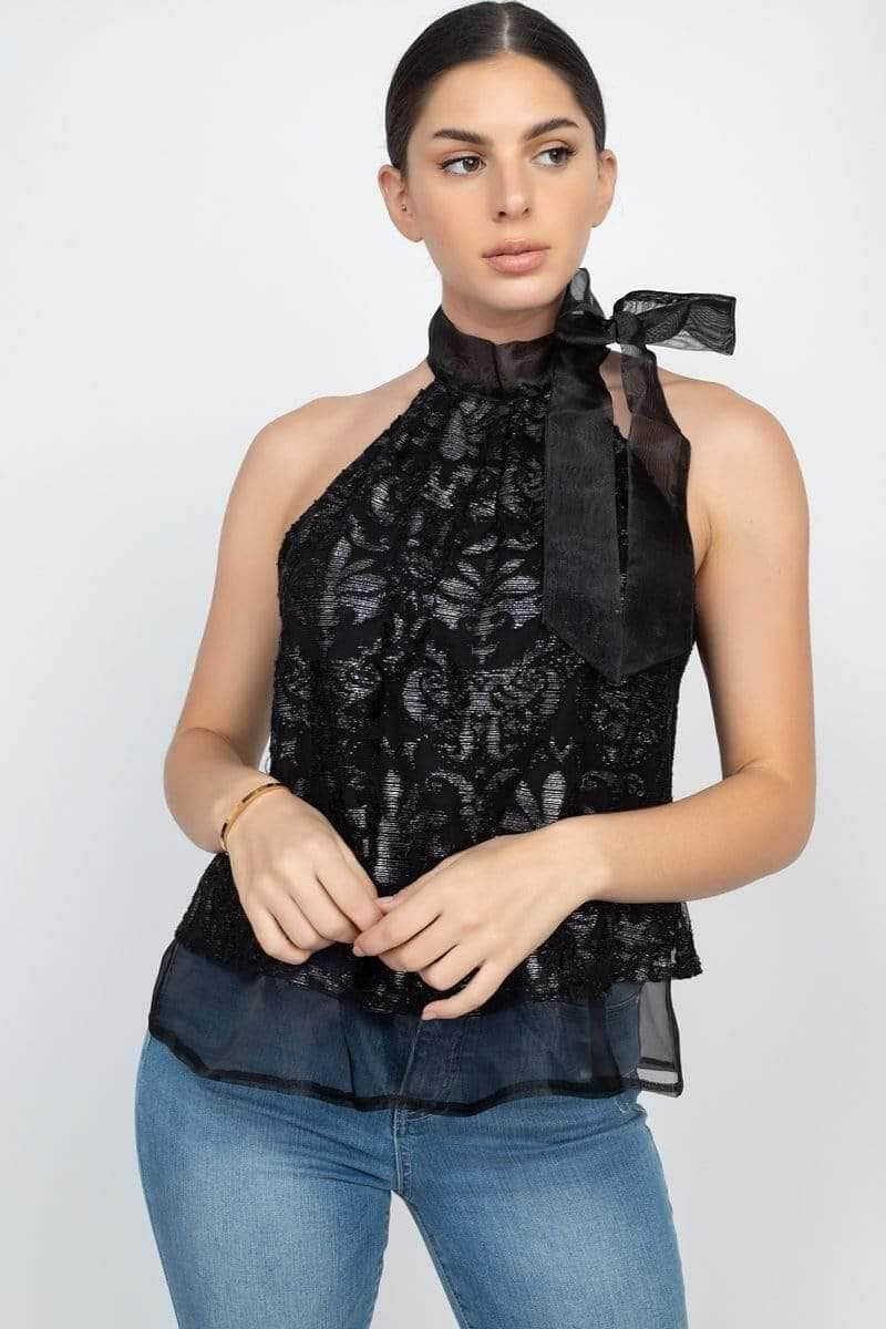 Black Halter Neck Sleeveless Lace Top - Shopping Therapy, LLC Top