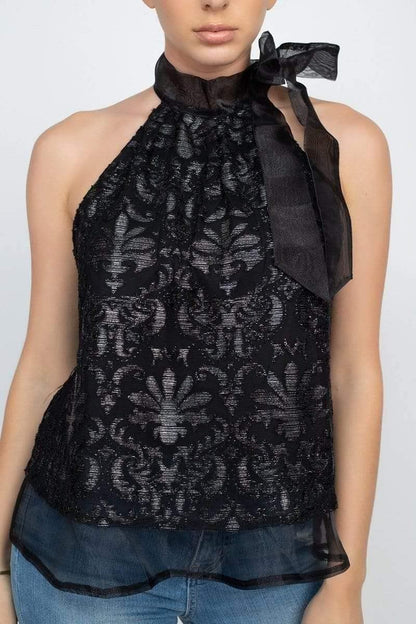 Black Halter Neck Sleeveless Lace Top - Shopping Therapy, LLC Top