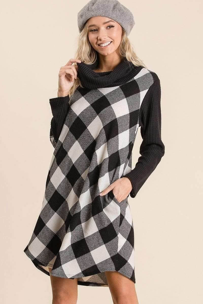 Black Long Sleeve Buffalo Plaid Swing Dress