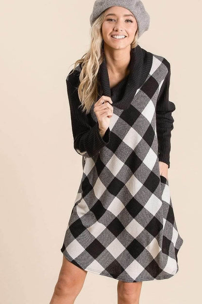 Black Long Sleeve Buffalo Plaid Swing Dress - Shopping Therapy, LLC Dresses