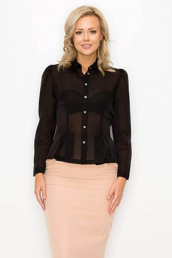 Black Long Sleeve Button Down Pleated Blouse - Shopping Therapy, LLC top
