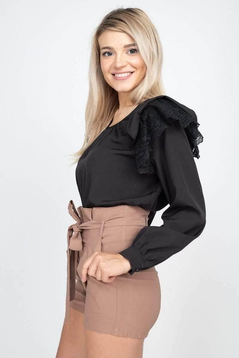 Black Long Sleeve Ruffle Top - Shopping Therapy Top
