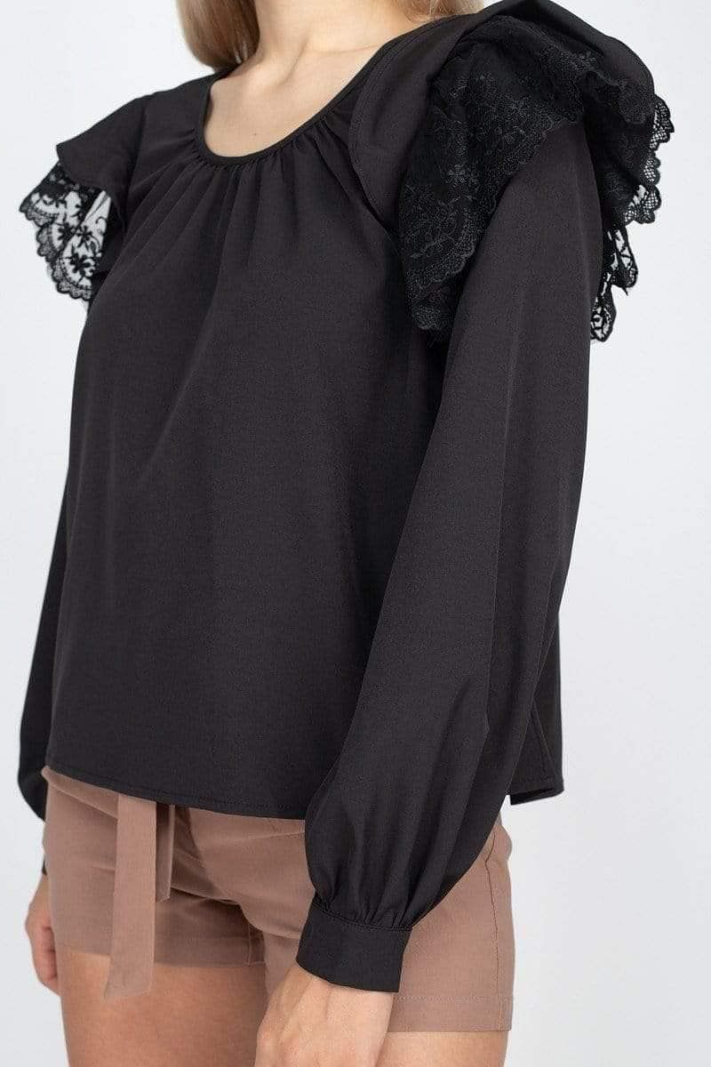 Black Long Sleeve Ruffle Top - Shopping Therapy L Top