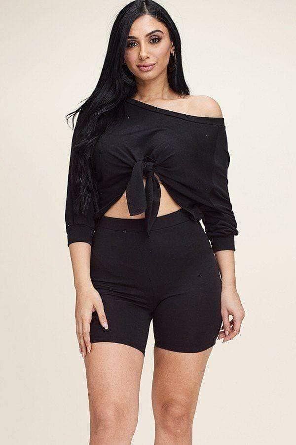 Black Long Sleeve Top And Shorts Set - Shopping Therapy S