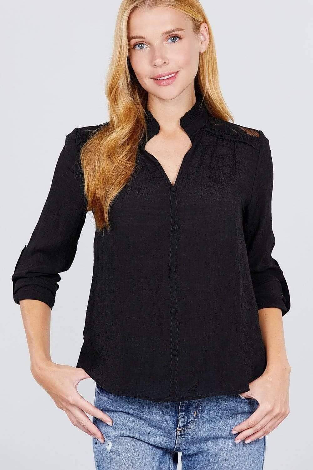 Black Long Sleeve V-Neck Button Down Top - Shopping Therapy Top
