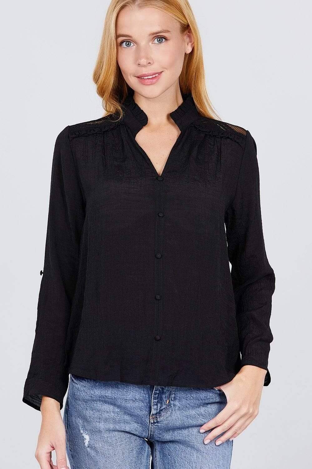 Black Long Sleeve V-Neck Button Down Top - Shopping Therapy M Top