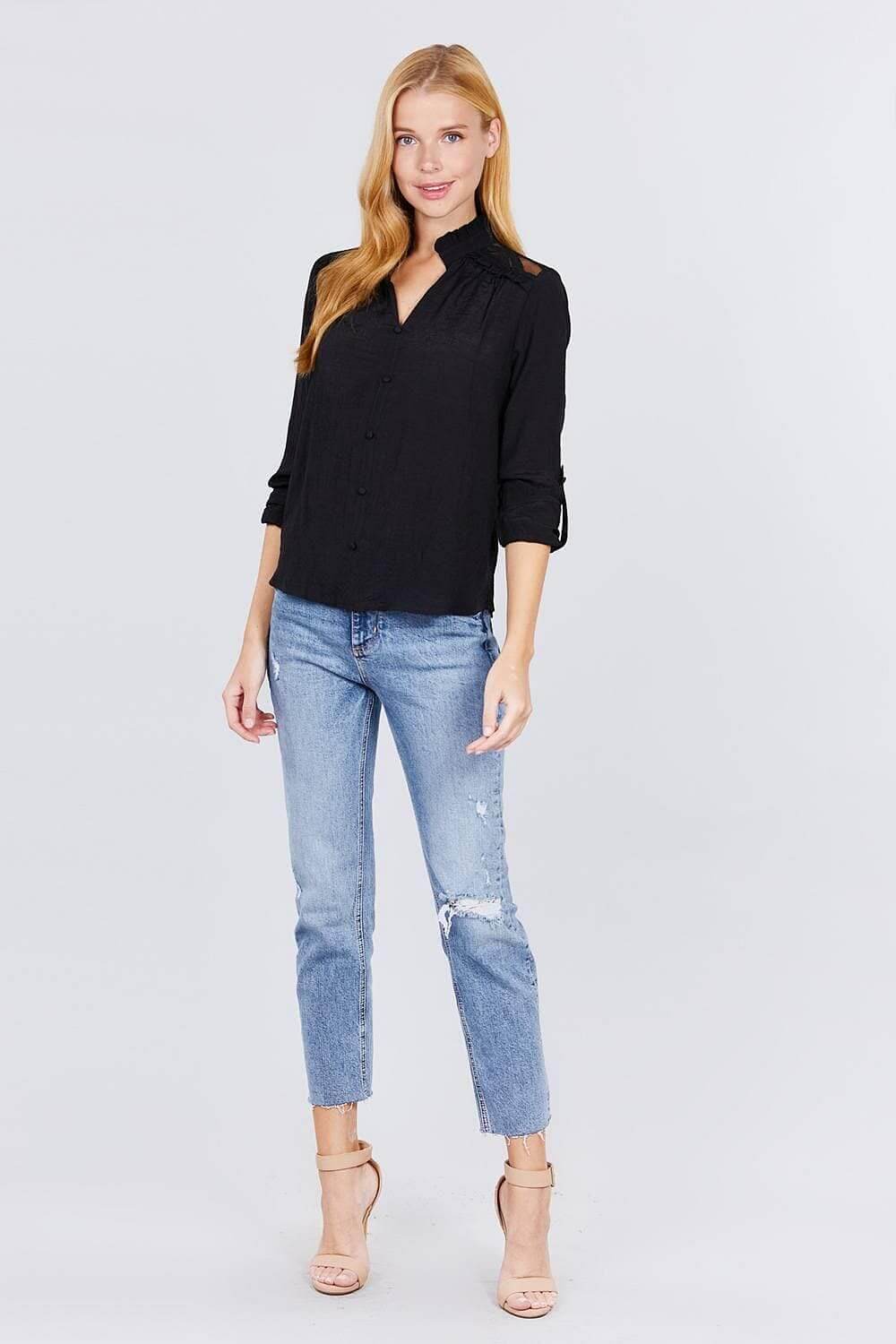 Black Long Sleeve V-Neck Button Down Top - Shopping Therapy L Top