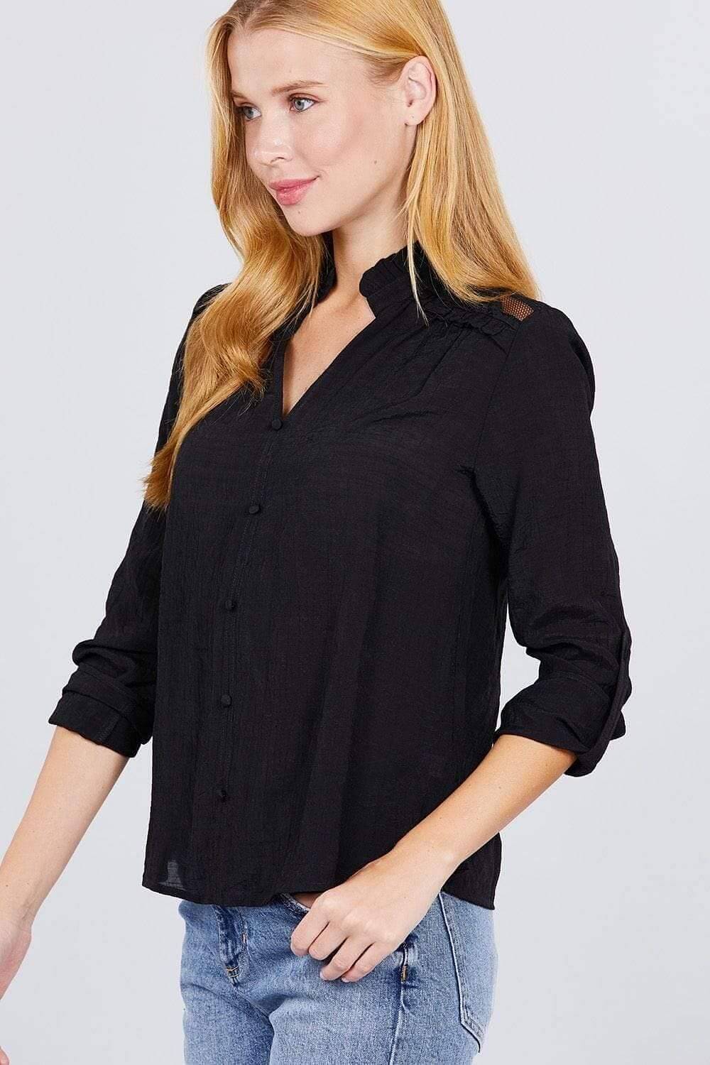 Black Long Sleeve V-Neck Button Down Top - Shopping Therapy Top