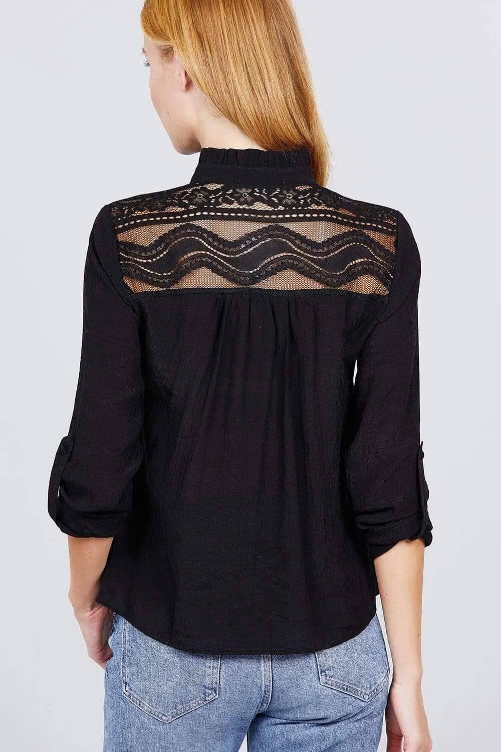 Black Long Sleeve V-Neck Button Down Top - Shopping Therapy S Top