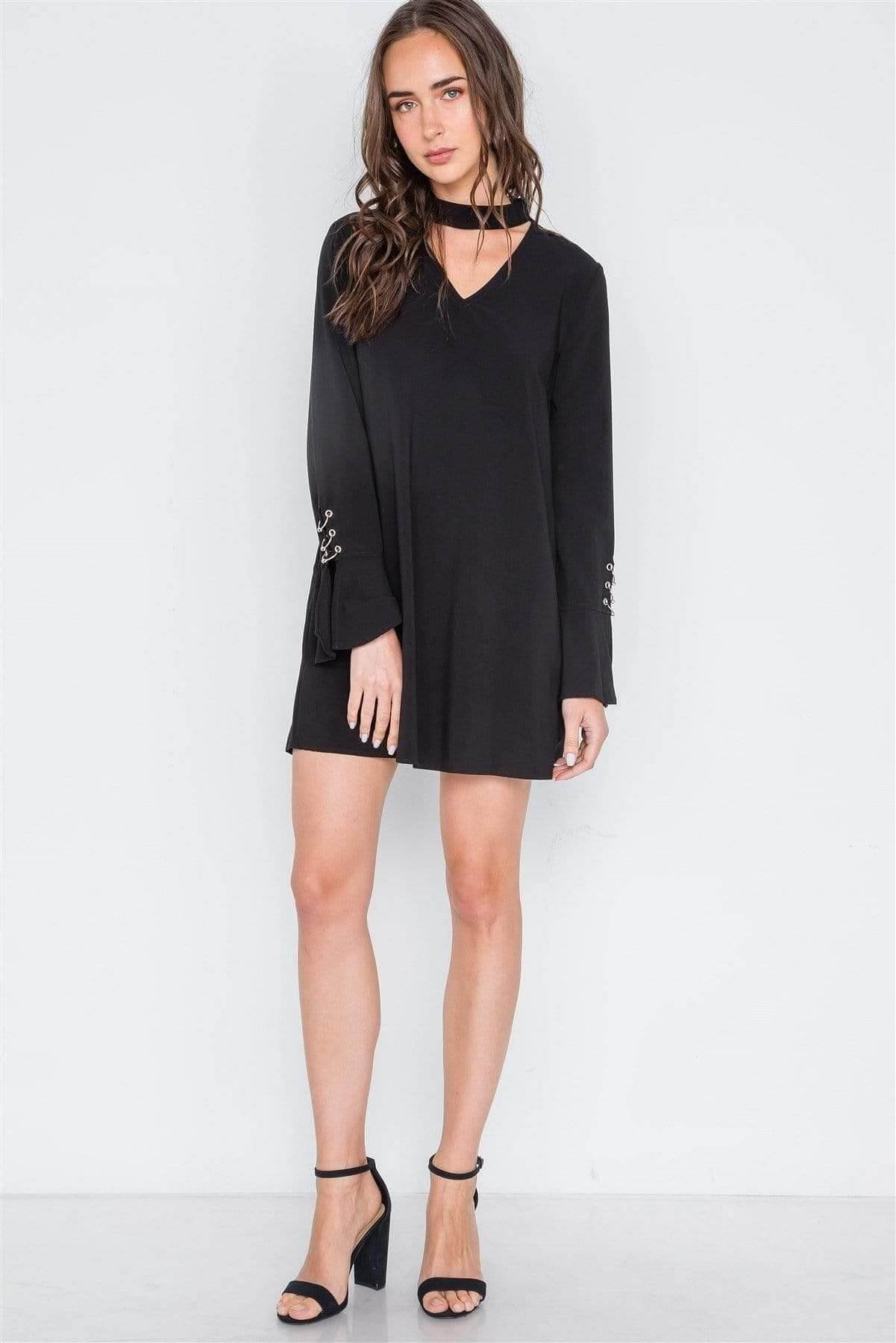 Black Long Sleeve V-Neck Mini Dress - Shopping Therapy, LLC 