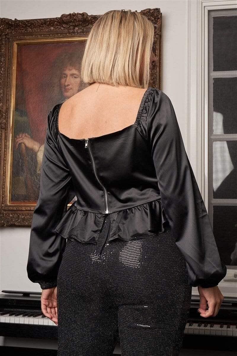 Black Plus Size Long Sleeve Satin Corset Top - Shopping Therapy, LLC Top