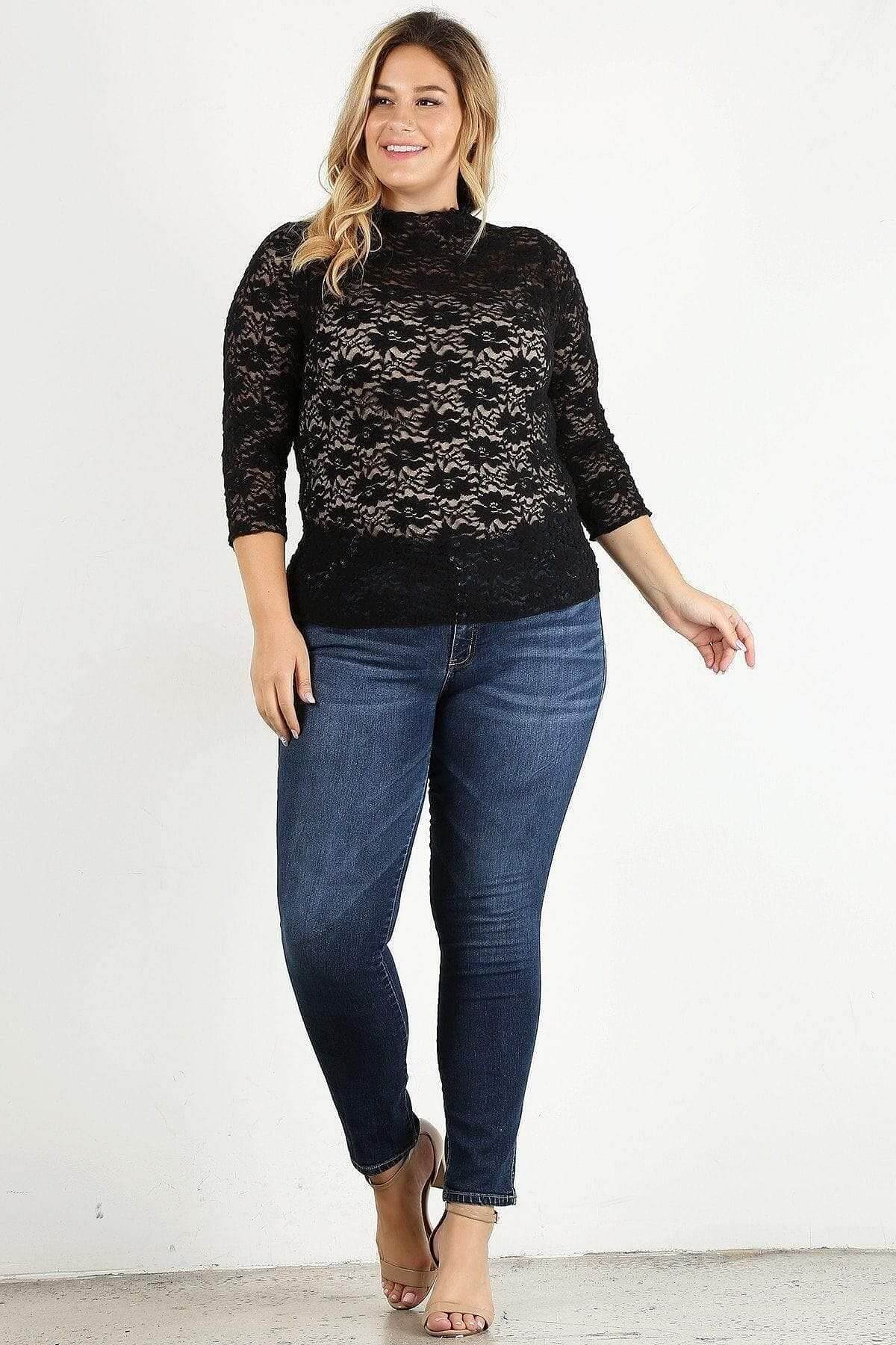 Black Plus Size Midi Sleeve Lace Top - Shopping Therapy 1XL plus size tops