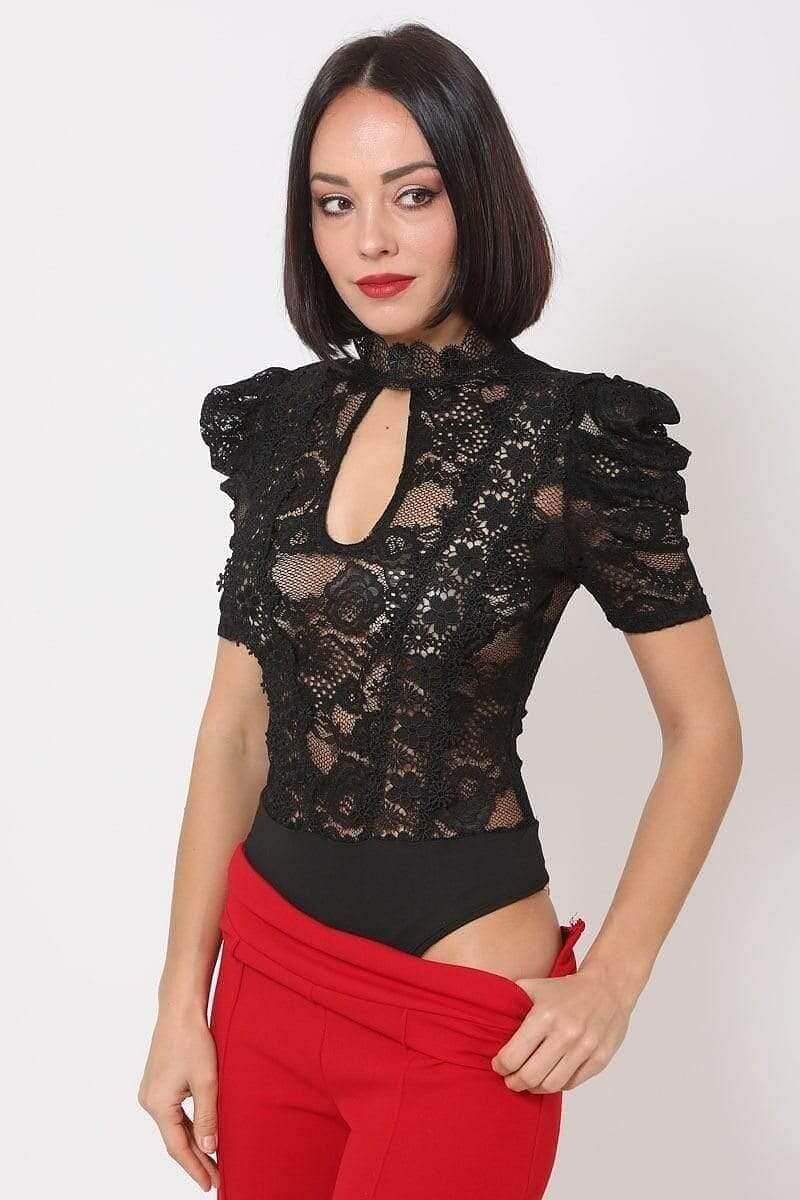 Black Short Sleeve Lace Trim Bodysuit - Shopping Therapy M jumpsuit