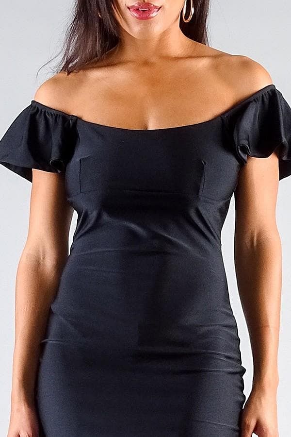 Black Short Sleeve Off The Shoulder Bodycon Mini Dress - Shopping Therapy M Dress