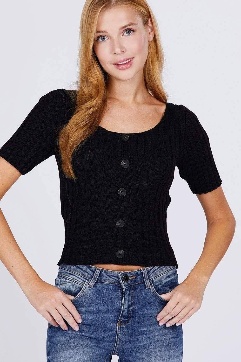 Black Short Sleeve Rib Knitted Sweater - Shopping Therapy, LLC Top