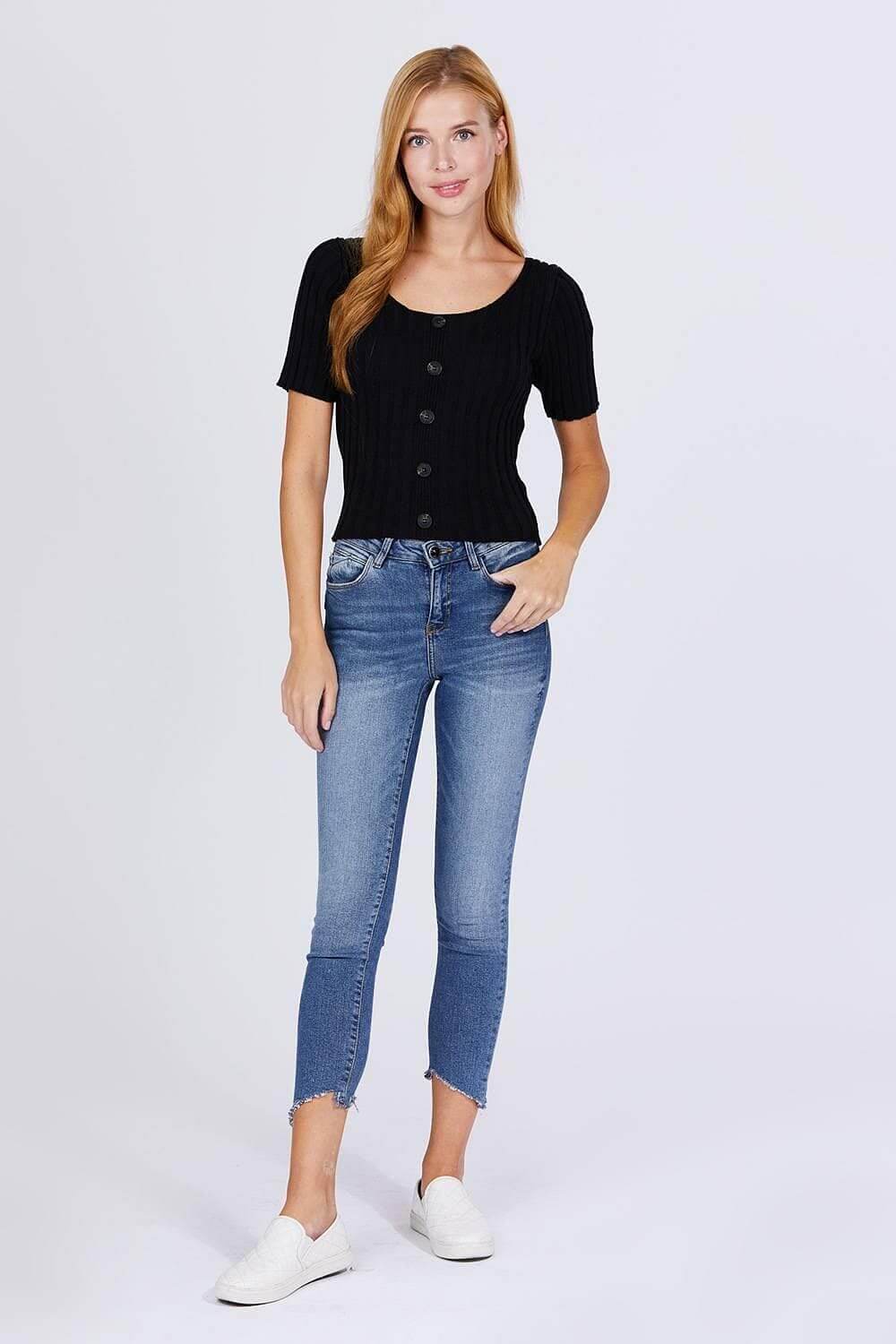 Black Short Sleeve Rib Knitted Sweater - Shopping Therapy M Top