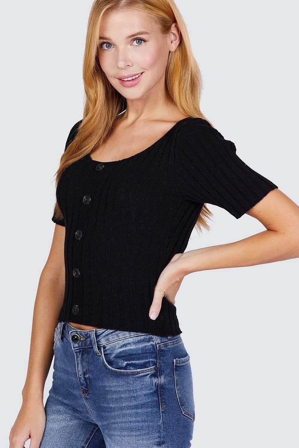 Black Short Sleeve Rib Knitted Sweater - Shopping Therapy, LLC Top