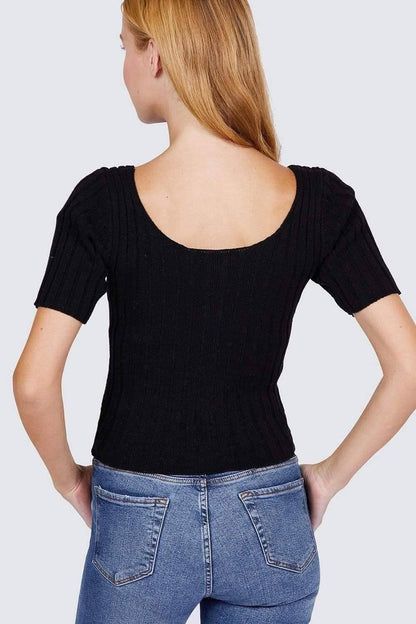 Black Short Sleeve Rib Knitted Sweater - Shopping Therapy, LLC Top