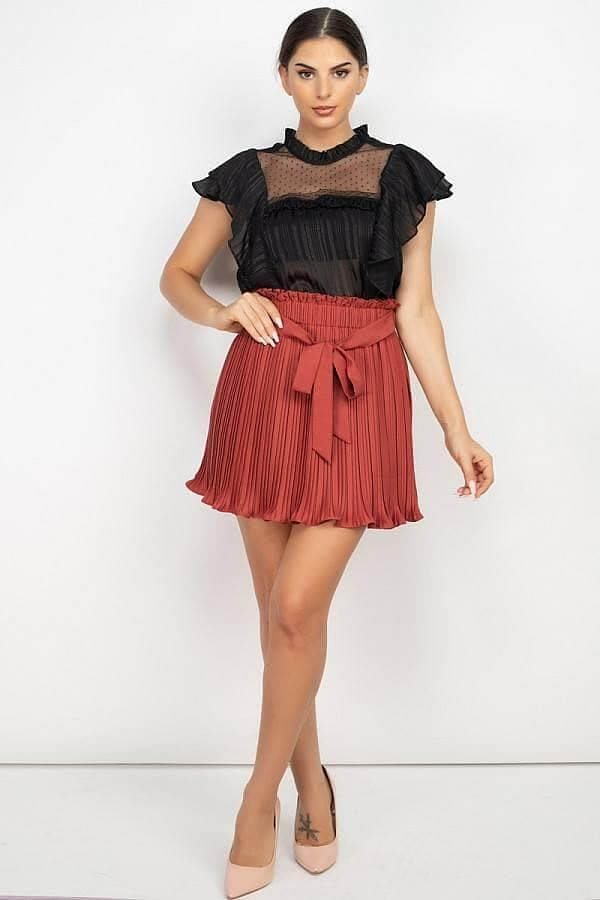 Black Short Sleeve Sheer Lace Ruffle Top - Shopping Therapy L top
