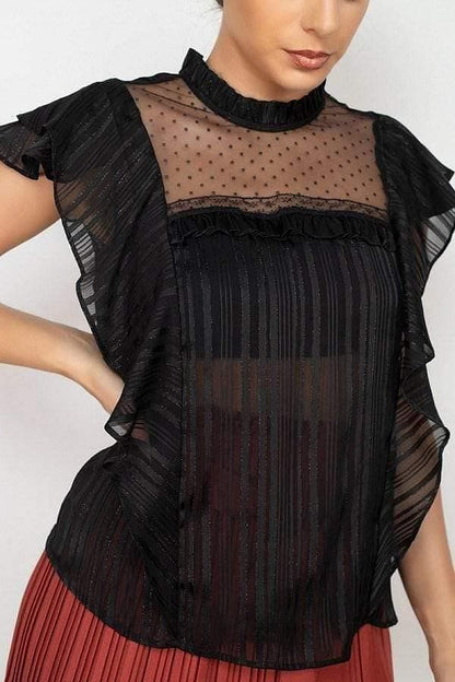 Black Short Sleeve Sheer Lace Ruffle Top - Shopping Therapy, LLC top