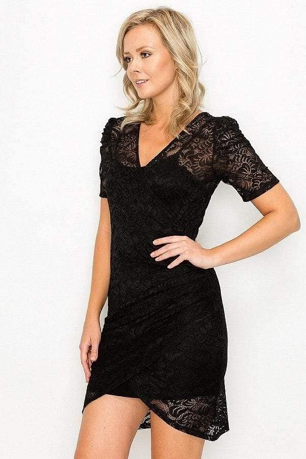 Black Short Sleeve V-Neck Lace Mini Dress - Shopping Therapy, LLC Dress