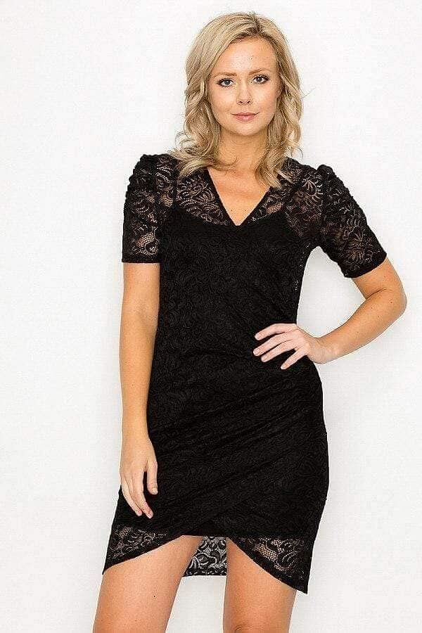 Black Short Sleeve V-Neck Lace Mini Dress - Shopping Therapy M Dress