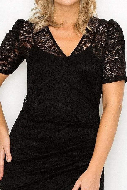 Black Short Sleeve V-Neck Lace Mini Dress - Shopping Therapy, LLC Dress