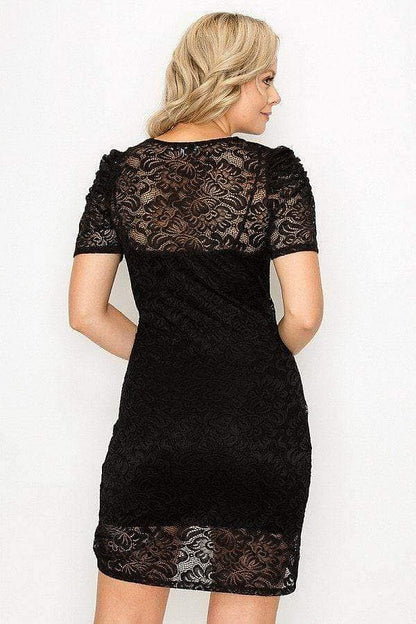 Black Short Sleeve V-Neck Lace Mini Dress - Shopping Therapy, LLC Dress