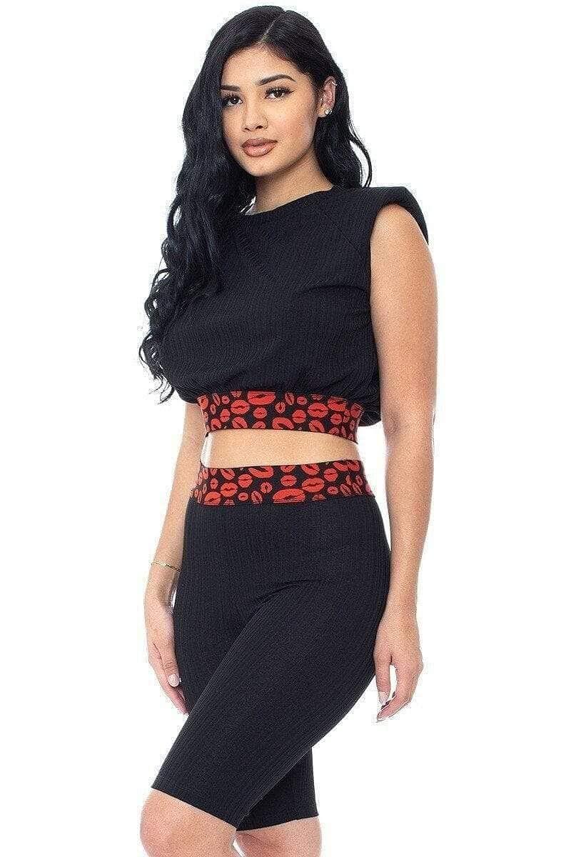 Black Shoulder Padded Crop Top And Biker Shorts Set - Shopping Therapy Outfit Sets