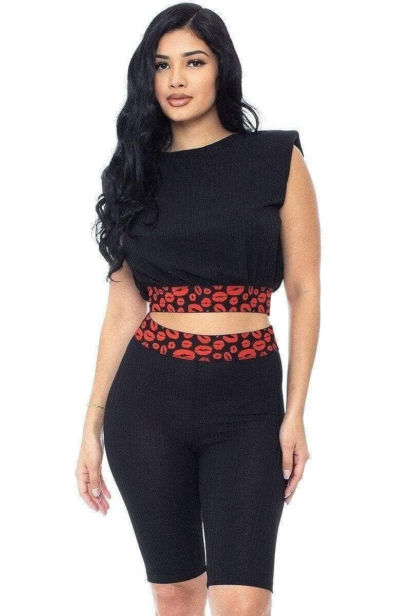 Black Shoulder Padded Crop Top And Biker Shorts Set - Shopping Therapy L Outfit Sets