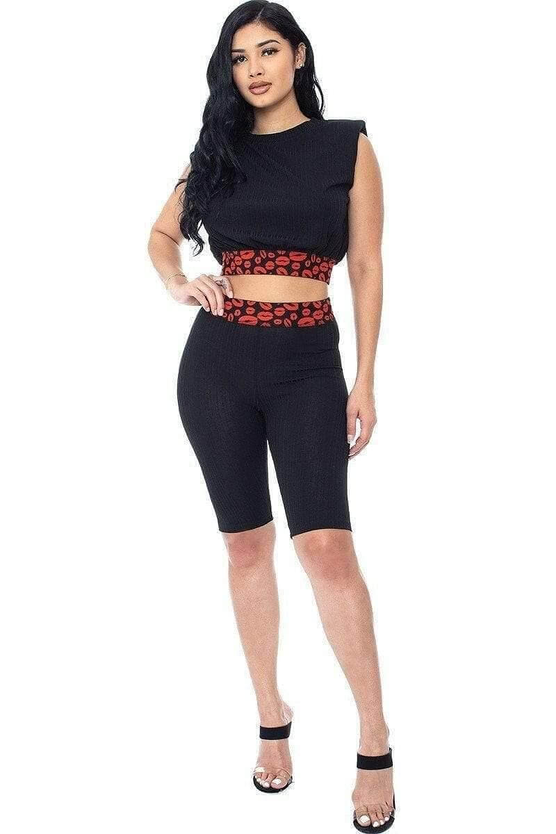 Black Shoulder Padded Crop Top And Biker Shorts Set - Shopping Therapy Outfit Sets