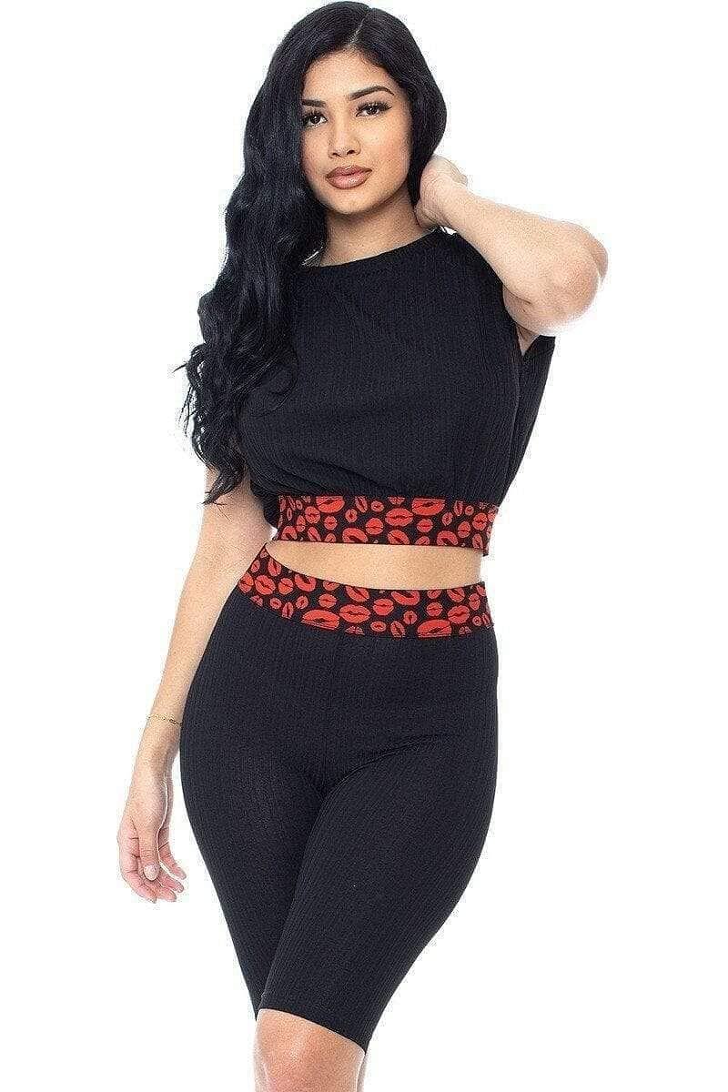 Black Shoulder Padded Crop Top And Biker Shorts Set - Shopping Therapy, LLC Outfit Sets