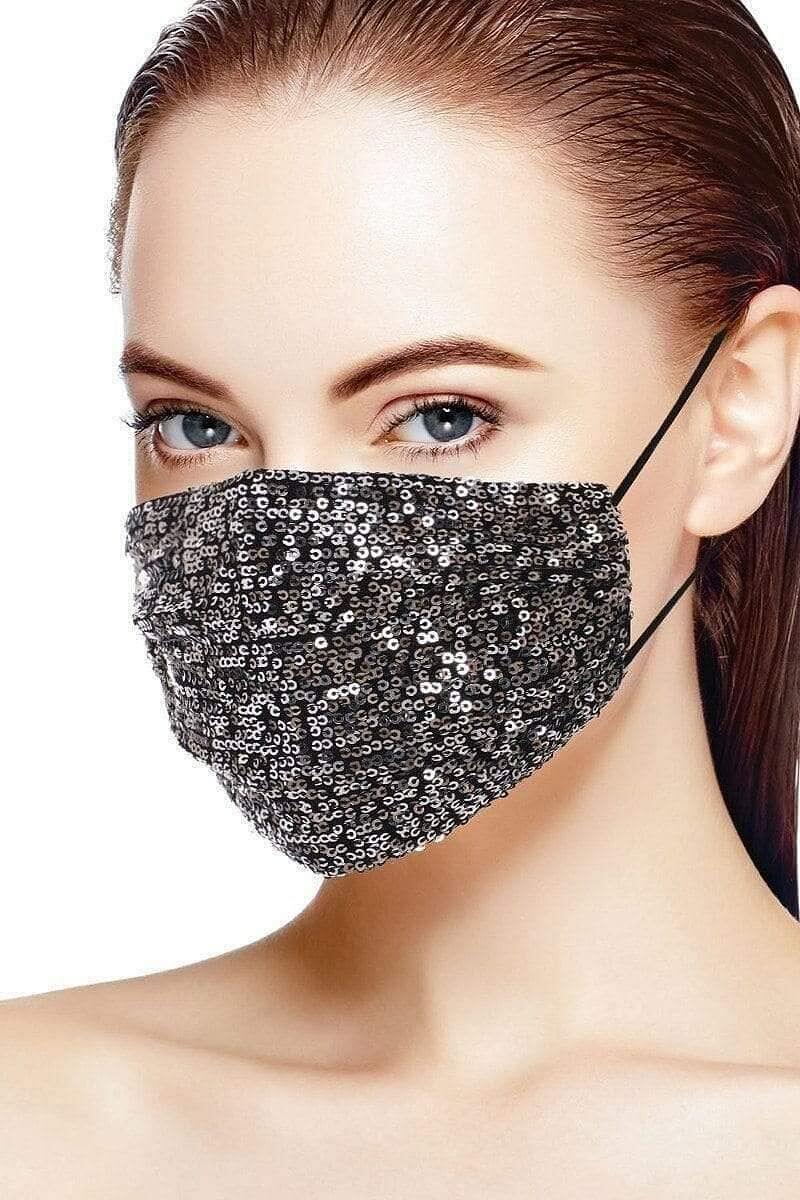 Black-Silver Reusable Sequin Facemask - Shopping Therapy Black/Silver Masks