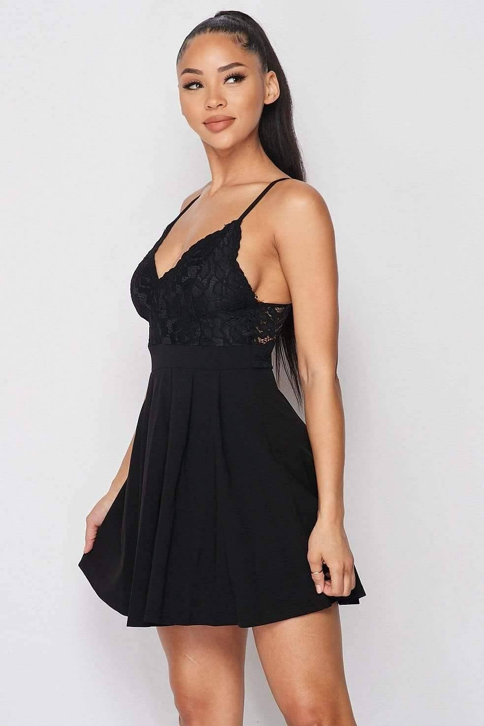Black Spaghetti Strap Flared Hem Lace Swing Dress - Shopping Therapy, LLC Dresses
