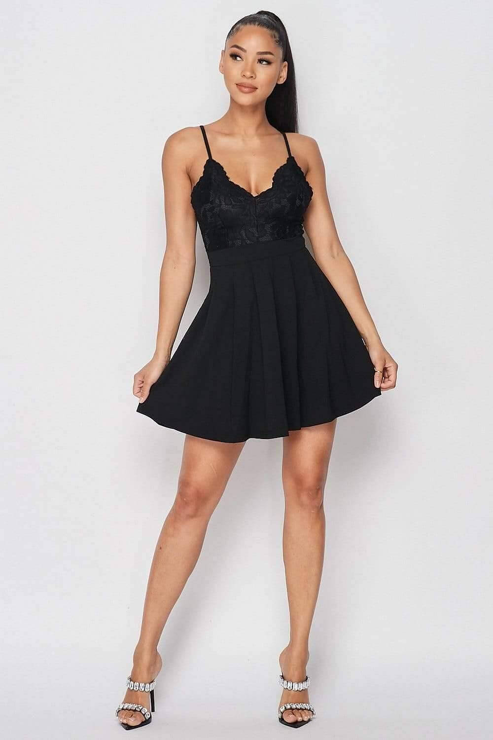 Black Spaghetti Strap Flared Hem Lace Swing Dress - Shopping Therapy, LLC Dresses
