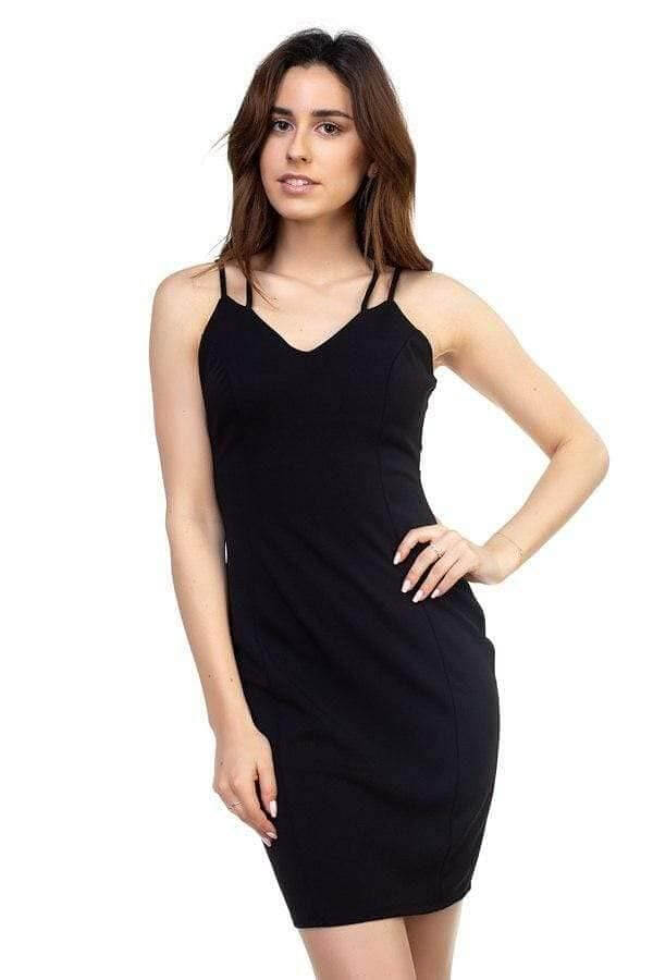 Black V-Neck Double Spaghetti Strap Dress - Shopping Therapy M Dress
